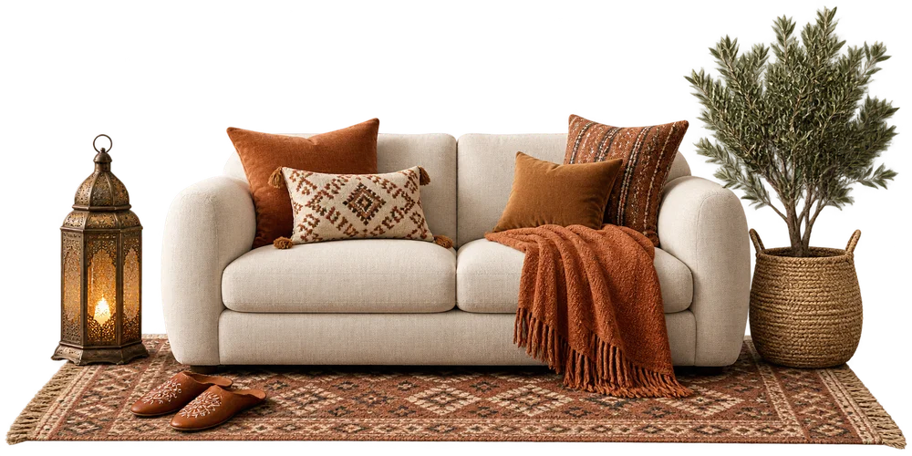 Composition décorative : canapé crème aux accoudoirs arrondis, coussins marocains, tapis, lanterne, babouches et olivier