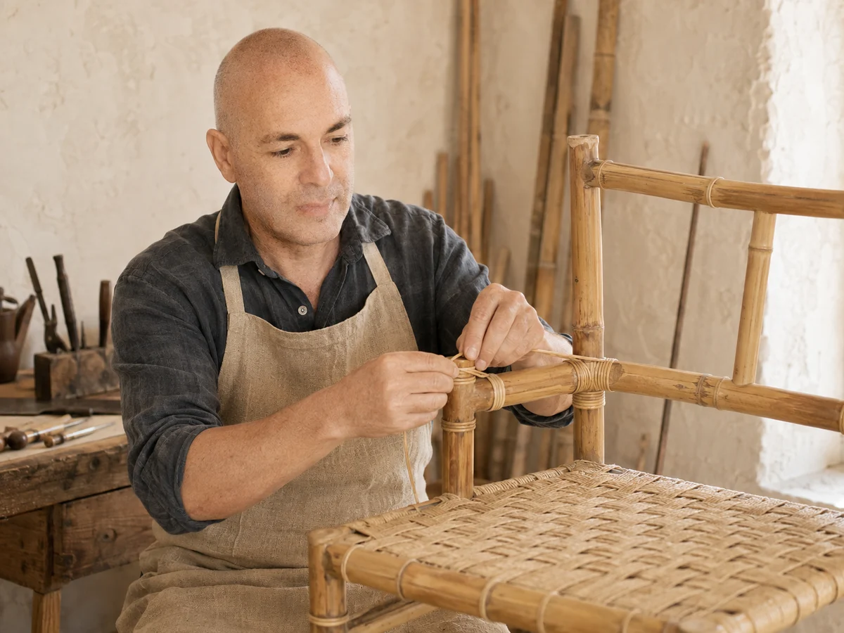 Illustration de l’artisan des Ateliers EL-Khaldi assemblant une chaise en bambou, créée à partir du portrait fourni