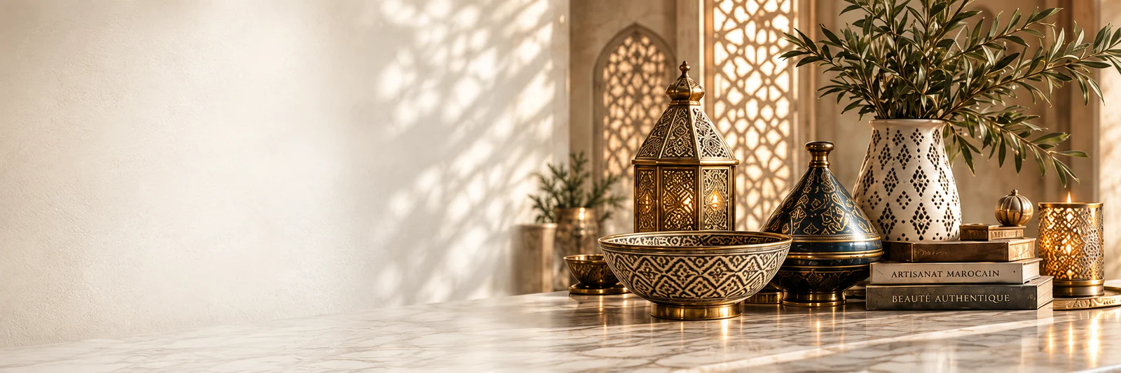 Lanterne dorée, céramiques bleu et or et vase aux branches d’olivier dans un riad