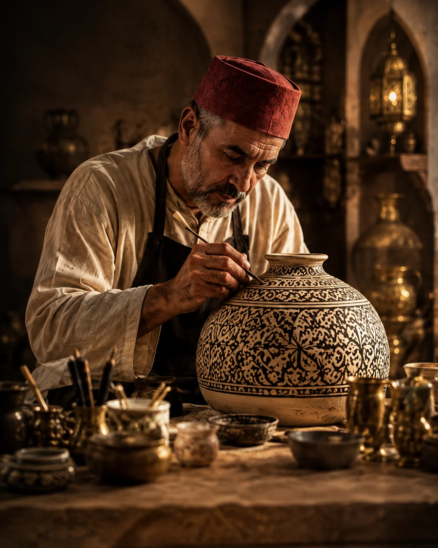 Artisan concentré sur la décoration d’une poterie dans son atelier
