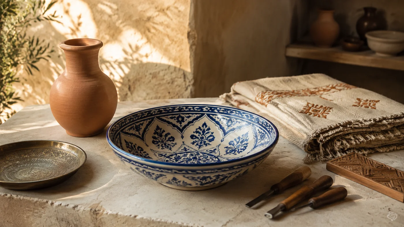 Céramique bleue, vase en terre cuite, textile brodé et outils sur un établi — illustration de l’artisanat marocain